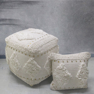 Pontar Pouf , Cotton, Metal Sequins, Natural White, Pitloom, Cut And Loop 