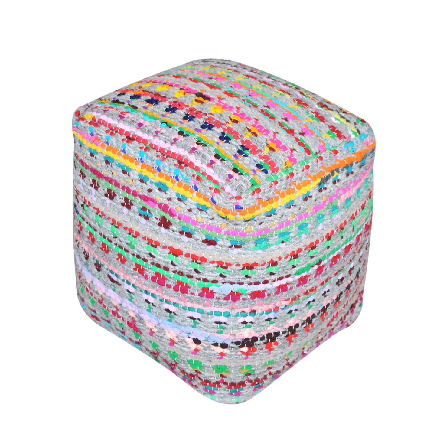 Prizma Pouf, Wool, Recycled Fabric, Grey,Multi