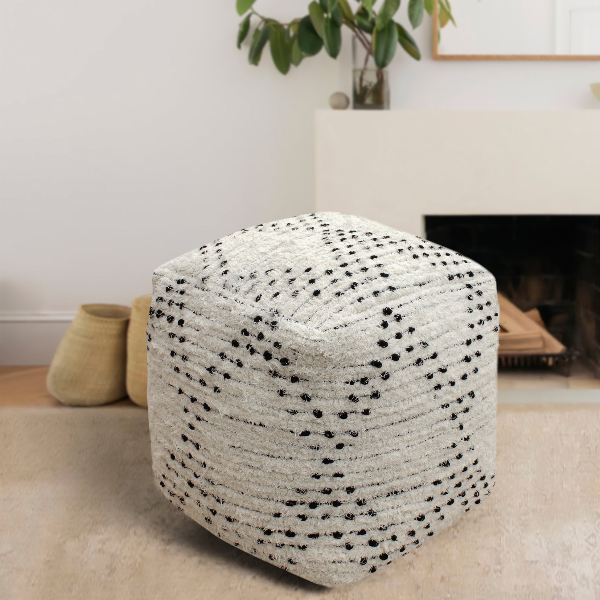 Qala Pouf, Cotton Salvage, Natural White, Charcoal, Pitloom, All Loop 
