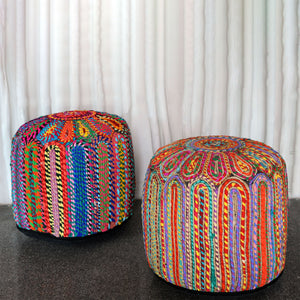 Rainbow Pouf, Recycled Cotton Fabric, Hm Stitching, Flat Weave 