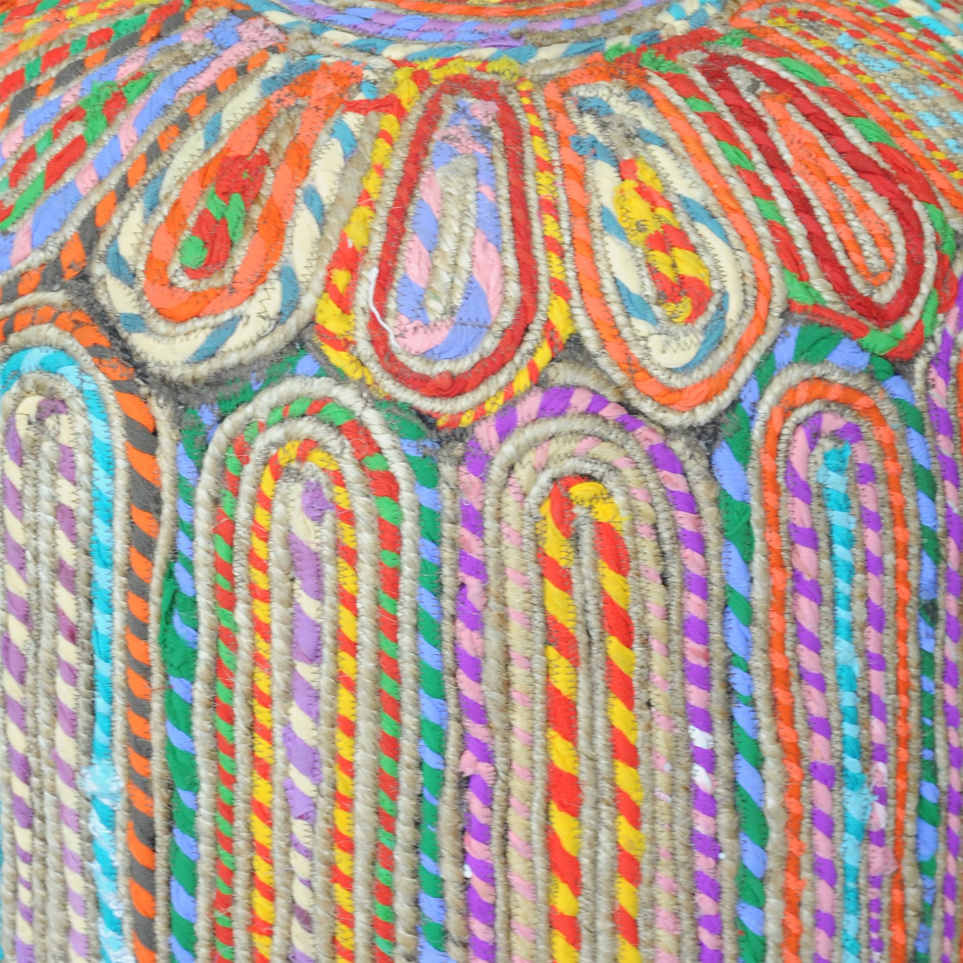 Rainbow Pouf, Recycled Cotton Fabric, Natural Multi, Hm Stitching, Flat Weave 