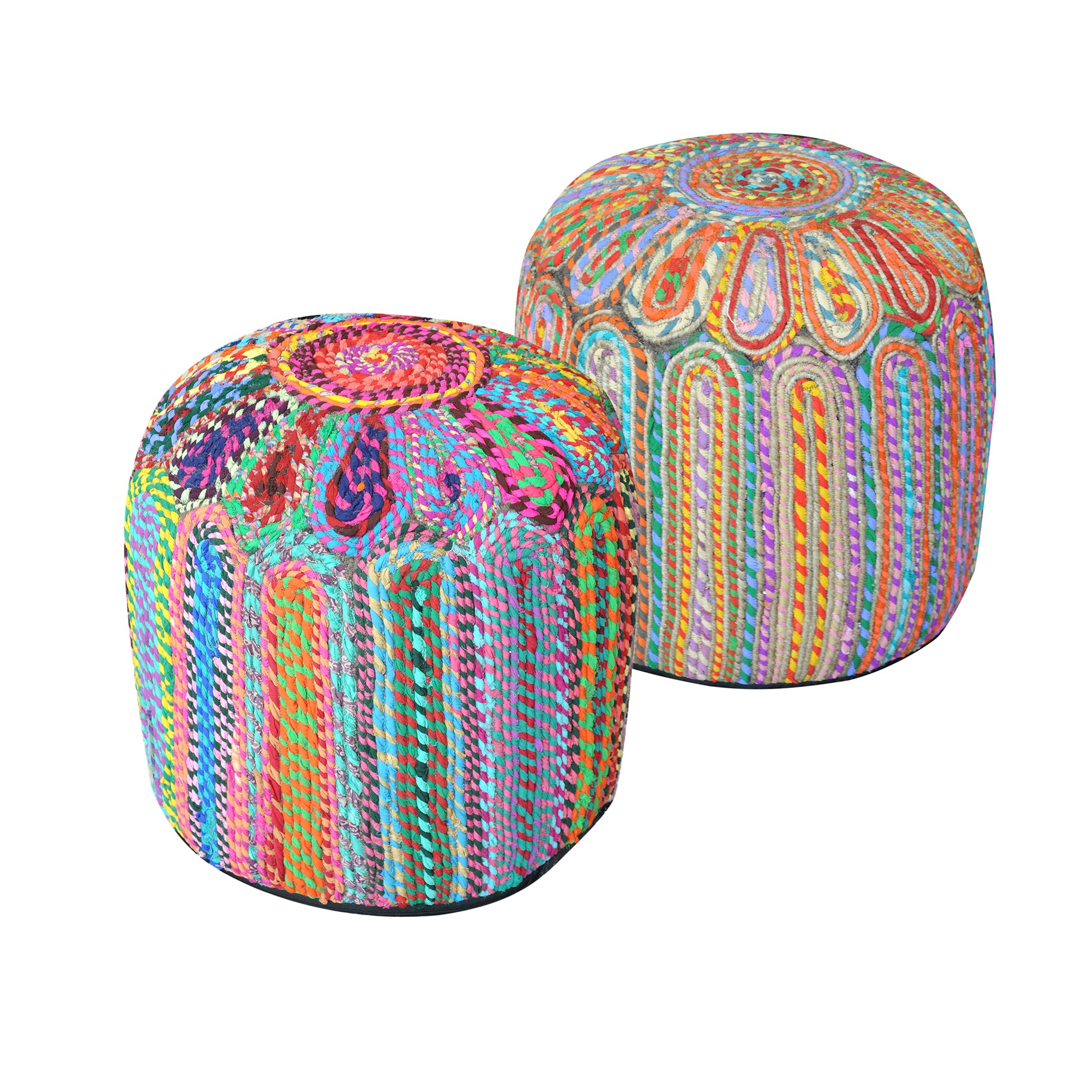 Rainbow Pouf, Recycled Cotton Fabric, Hm Stitching, Flat Weave 