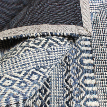 Area Rug, Bedroom Rug, Living Room Rug, Living Area Rug, Indian Rug, Office Carpet, Office Rug, Shop Rug Online, Wool Denim , Natural White, Blue, Pitloom, Flat Weave, Geometrical