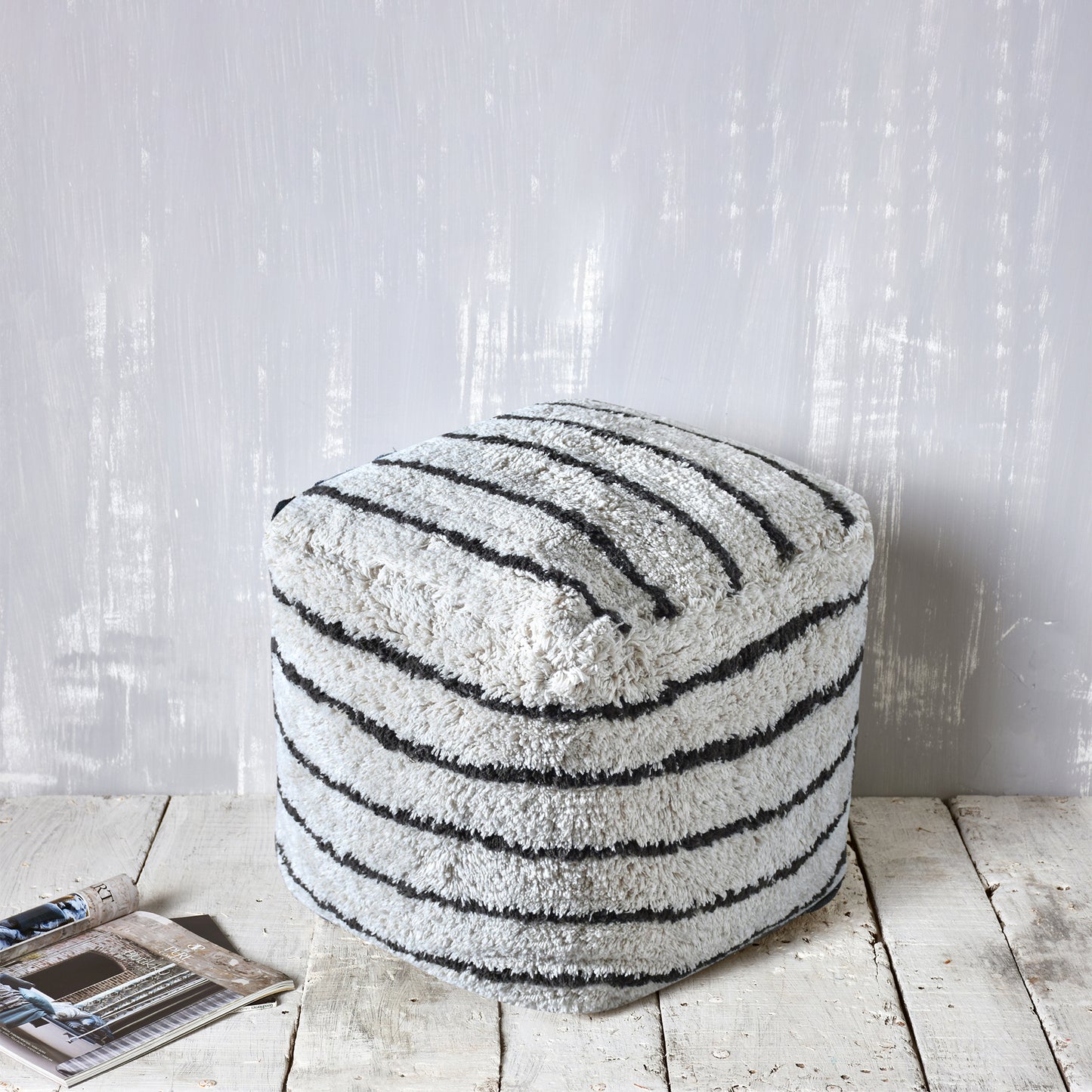 Sherwood Pouf, Cotton, Natural White/Charcoal, Bm Fn, All Cut 