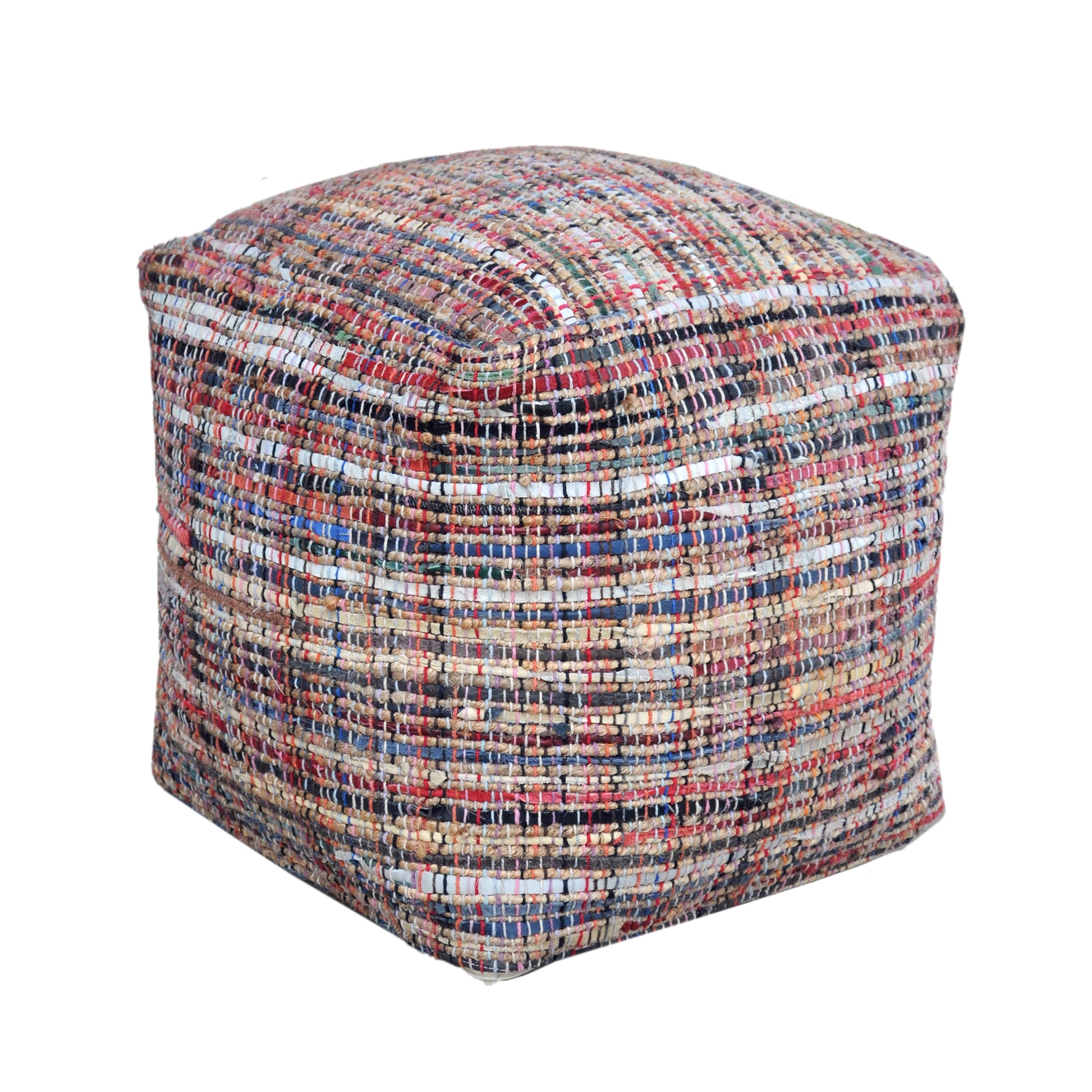 Spica Pouf, Hemp/ Leather, Multi, Pitloom, Flat Weave 