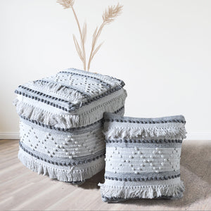 Temora Pouf, Cotton/ Viscose Rag, Natural White/Grey, Pitloom, All Loop 