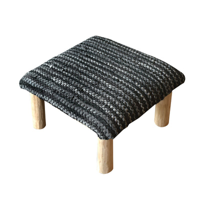 Tierra Foot Stool, Leather, Charcoal, Pitloom, Flat Weave 