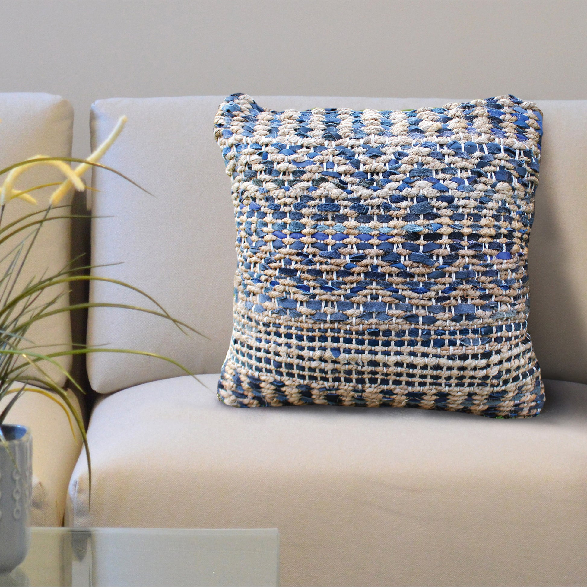 Veblen Pillow, Hemp, Leather, Natural, Blue, Pitloom, Flat Weave