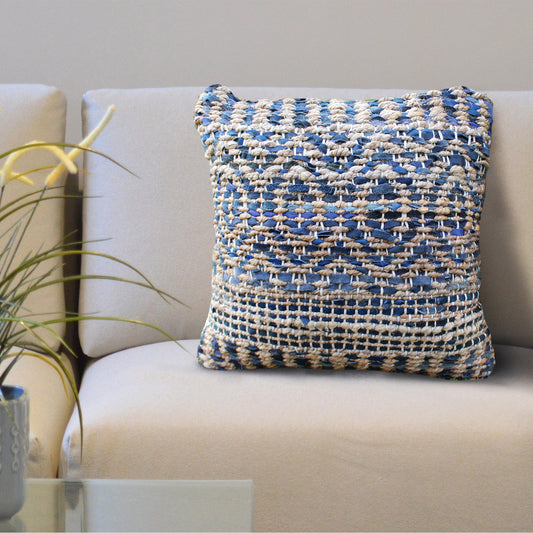 Veblen Pillow, Hemp, Leather, Natural, Blue, Pitloom, Flat Weave