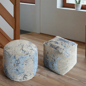 Volans Round Pouf, Cotton Chenille, Beige/ Blue