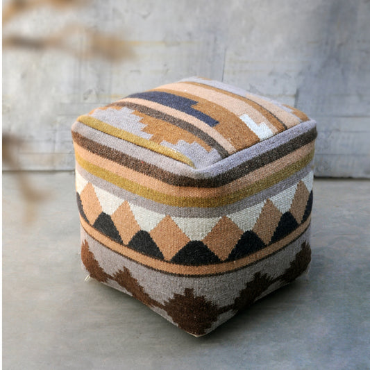 Zion - 3 Pouf, Wool, Multi, Punja, Flat Weave 