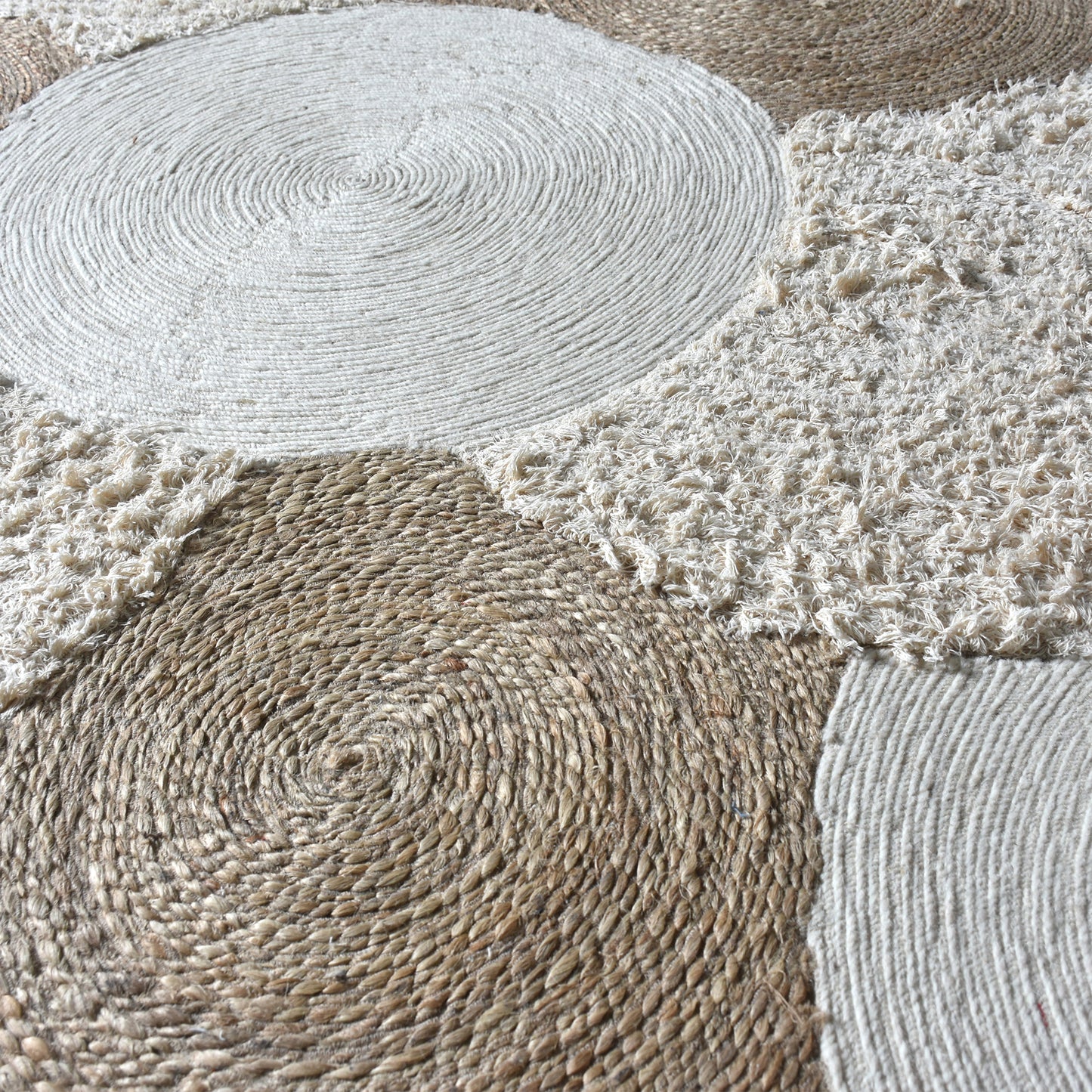 Area Rug, Bedroom Rug, Living Room Rug, Living Area Rug, Indian Rug, Office Carpet, Office Rug, Shop Rug Online, Jute, Wool, Cotton Salvage, Natural, Natural White, Hm Stitching, Flat Weave, circular 